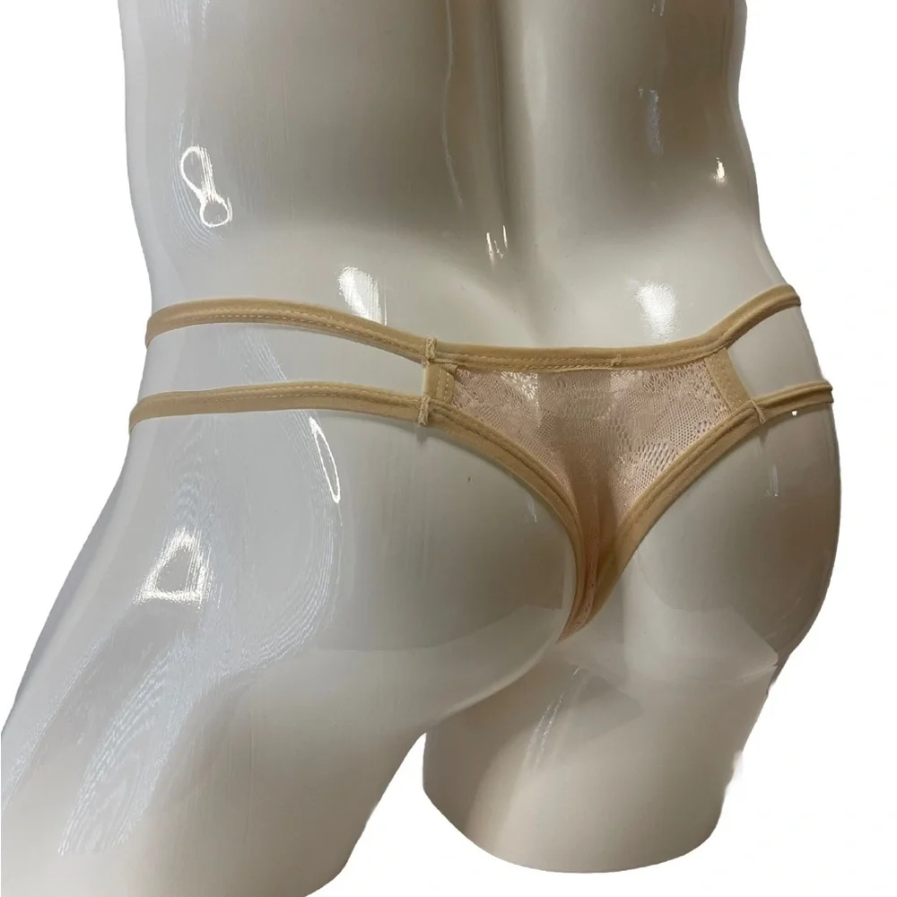 Mens Thong G-String Lace Sheer Cutouts Medium New With Tags Peach Cream